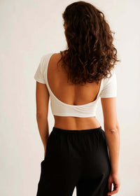 Ballerina Crop Top — White top with low back on model — MYFASHIONFRUIT