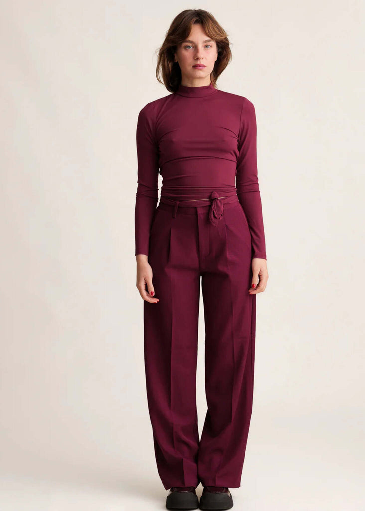Michelle Trousers — Burgundy pants with wide legs, belt — MYFASHIONFRUIT