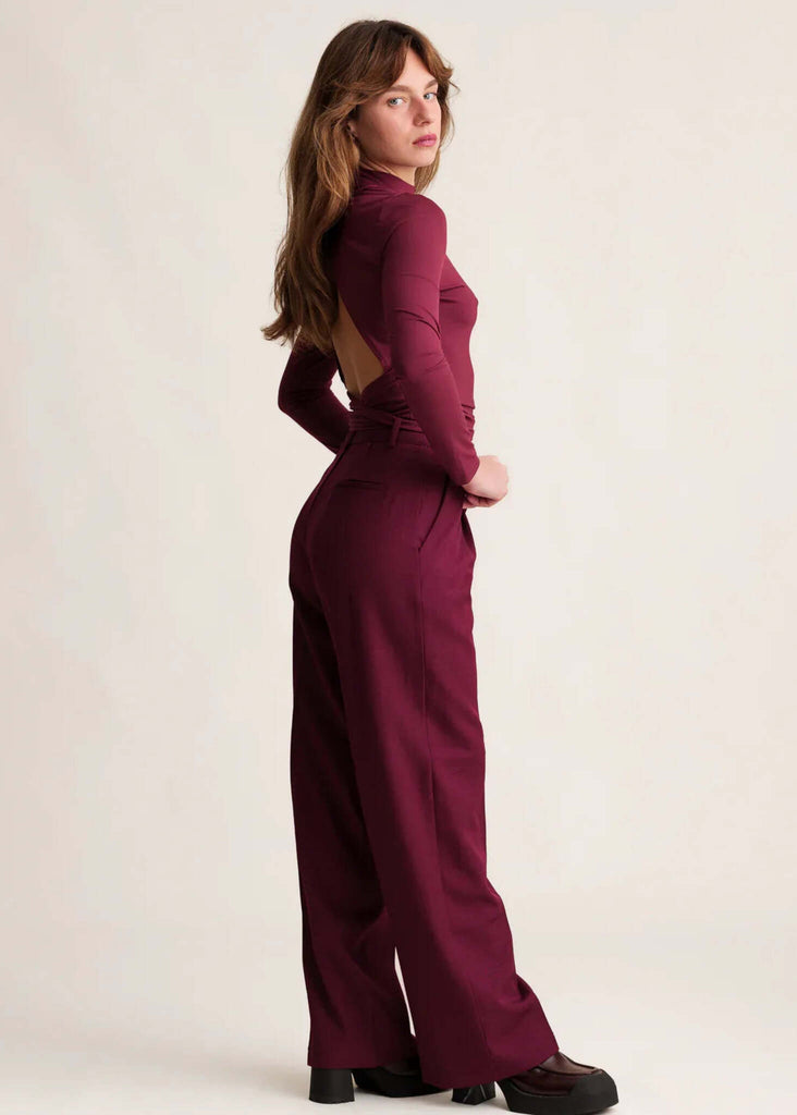 Michelle Trousers — Burgundy wide-leg pants on model — MYFASHIONFRUIT