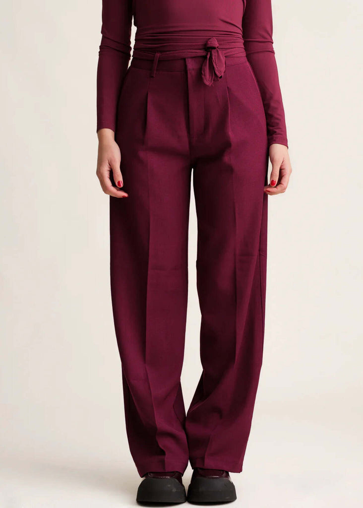 Michelle Trousers — Wide leg burgundy pants on model — MYFASHIONFRUIT