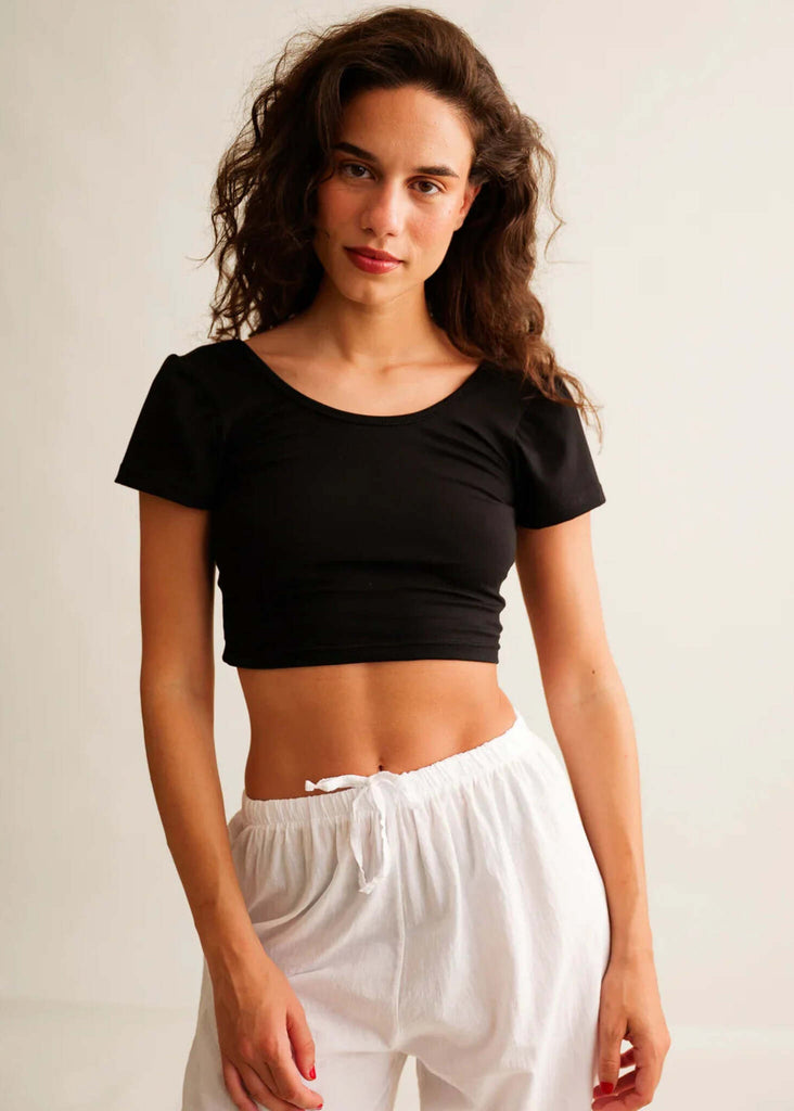 Ballerina Crop Top — Black top on model with white pants — MYFASHIONFRUIT