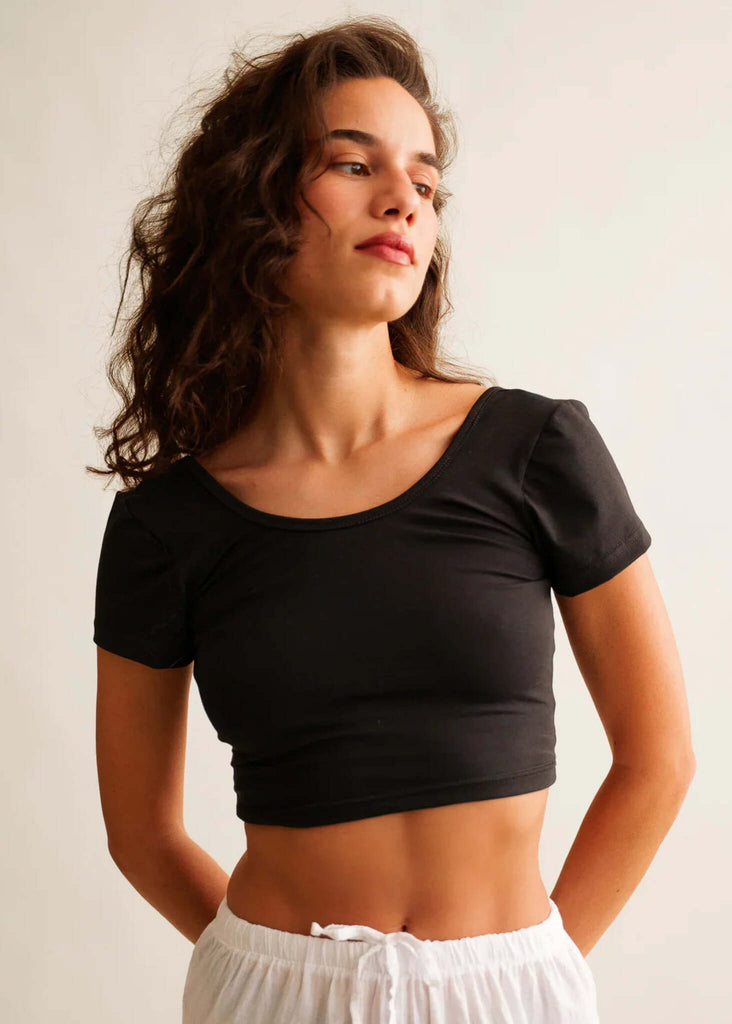 Ballerina Crop Top — Black scoop neck top on model — MYFASHIONFRUIT
