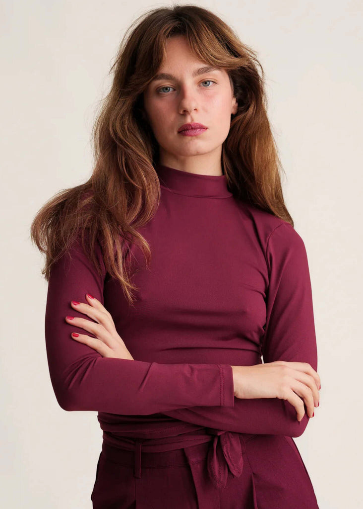 Abby Top — wine long sleeve top on model — MYFASHIONFRUIT