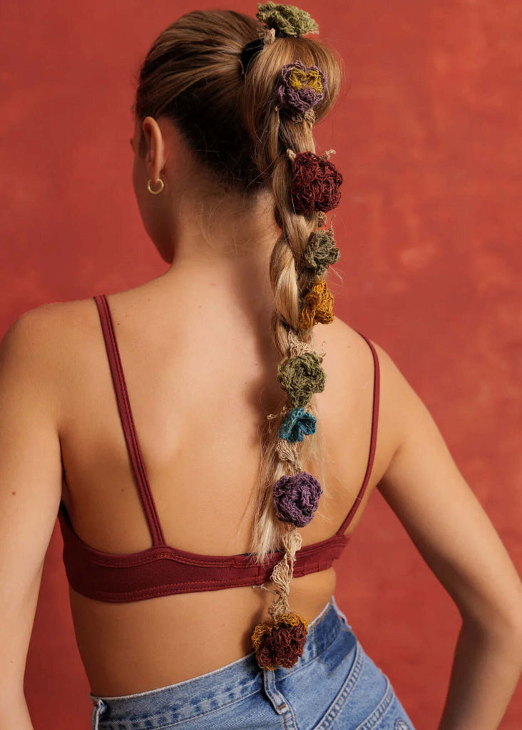 Crochet Headband — Crochet flowers in braided hair on model — MYFASHIONFRUIT