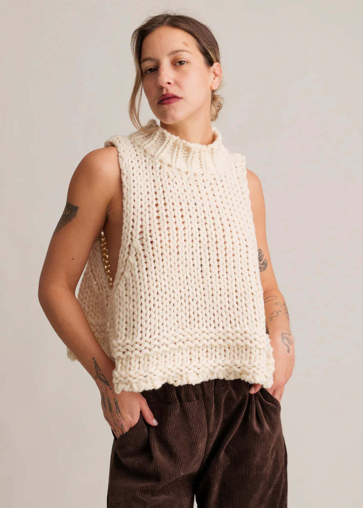 Christie Jumper Vest — Cream chunky knit vest on model — MYFASHIONFRUIT