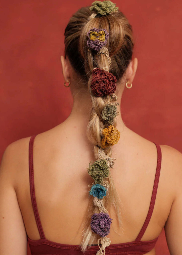 Crochet Headband — colorful flowers on braided hair on model — MYFASHIONFRUIT