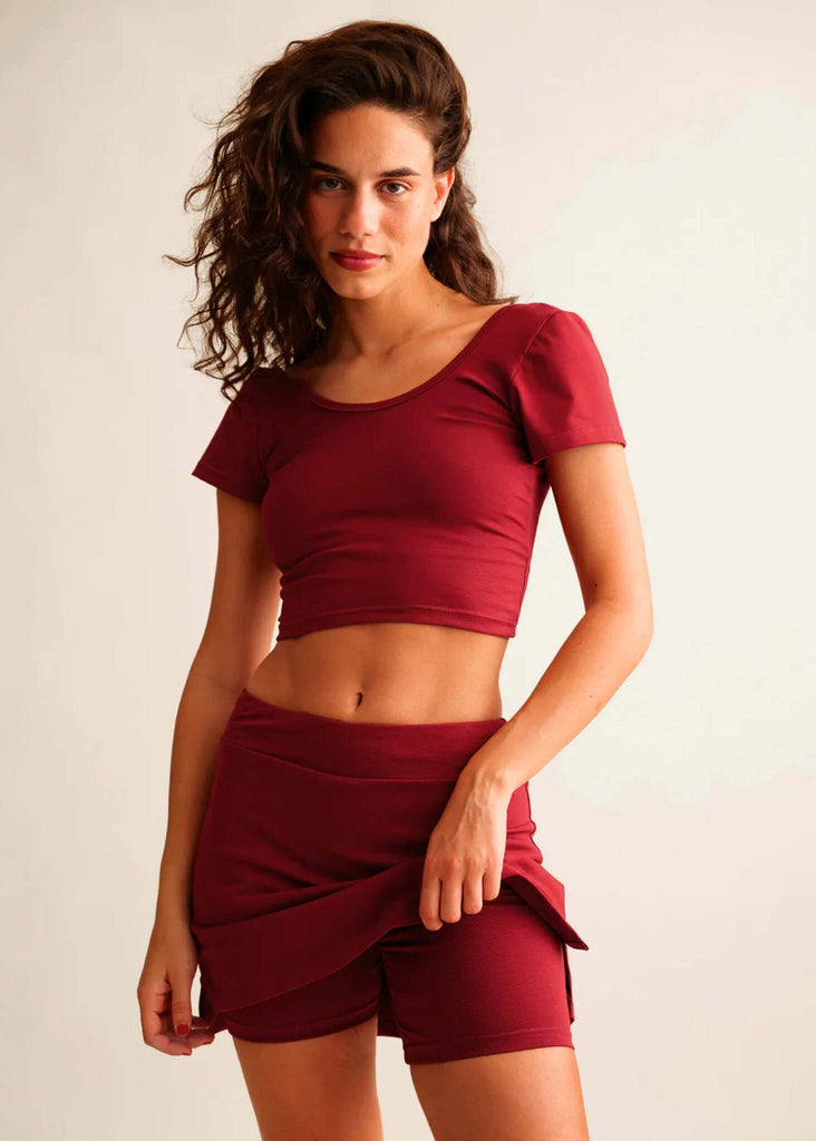 Madison Skirt — Skirt with shorts in burgundy on model — MYFASHIONFRUIT