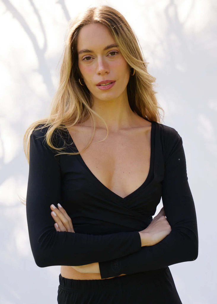 Lullaby Cardi — Black wrap top on model — MYFASHIONFRUIT