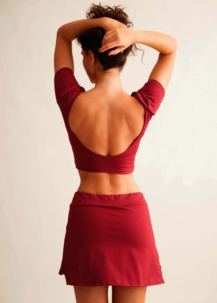 Madison Skirt — Red skirt on model, back view — MYFASHIONFRUIT