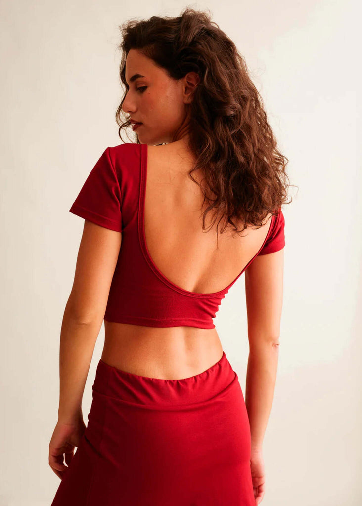 Ballerina Crop Top — red, low-back top on model — MYFASHIONFRUIT