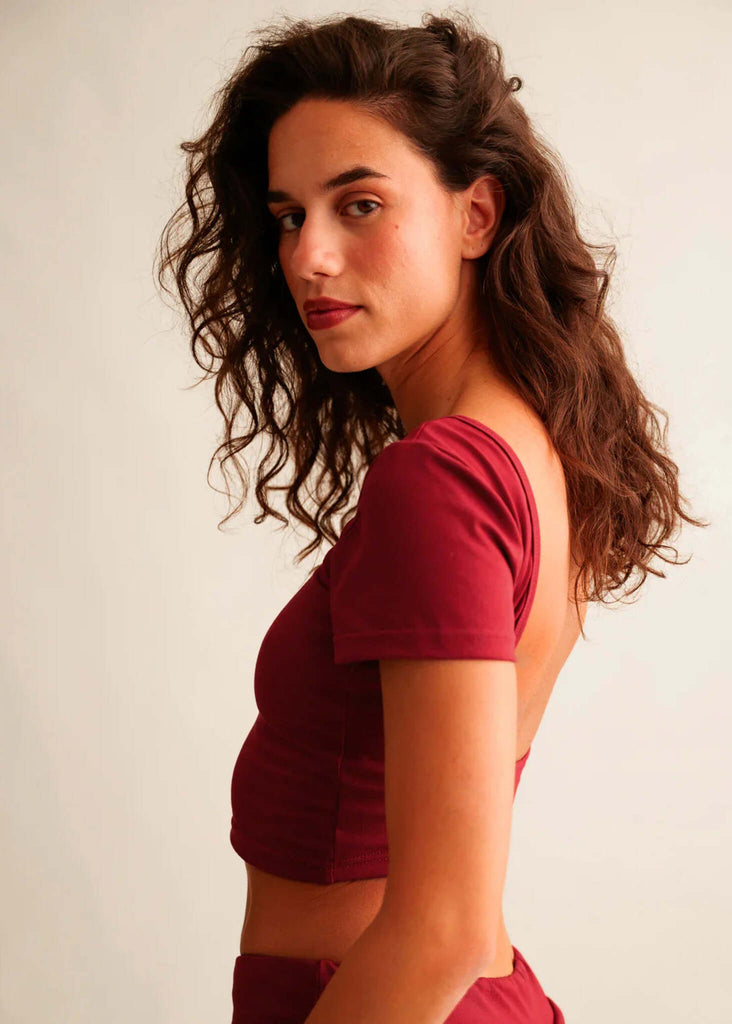 Ballerina Crop Top — Maroon, short sleeves, on model — MYFASHIONFRUIT