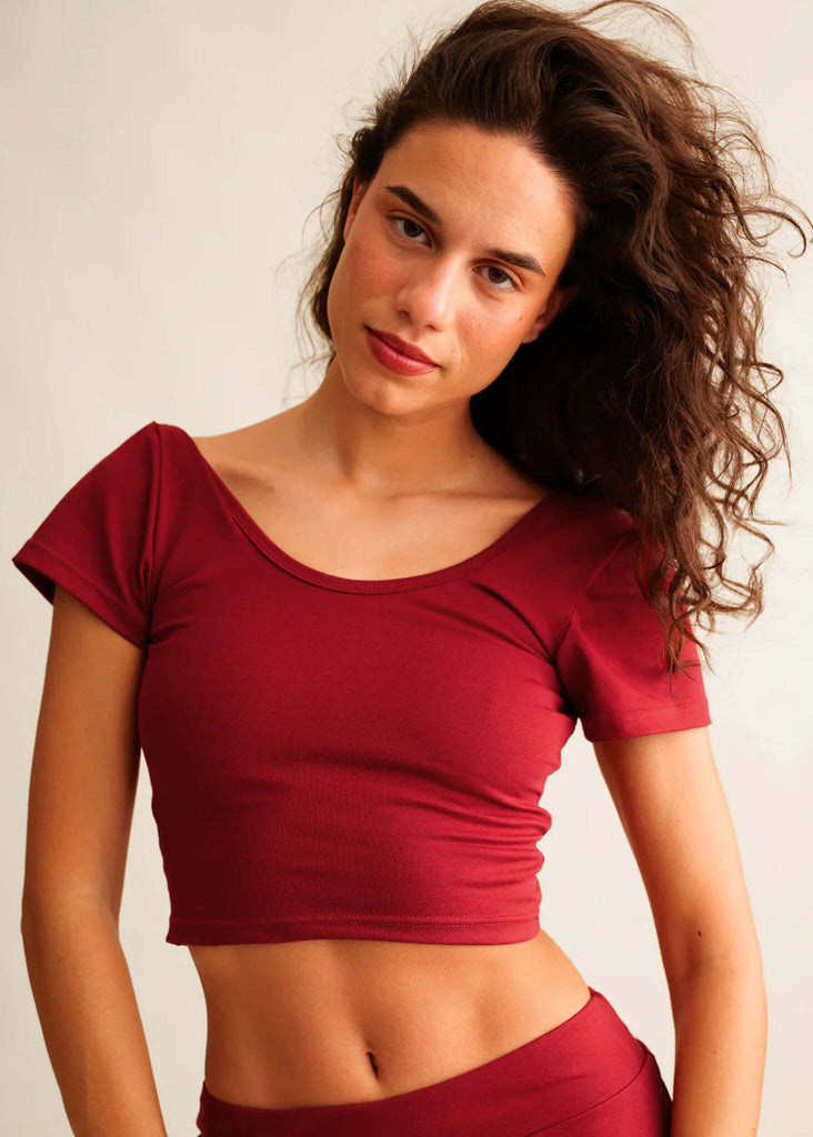 Ballerina Crop Top — Red ribbed crop top on model — MYFASHIONFRUIT
