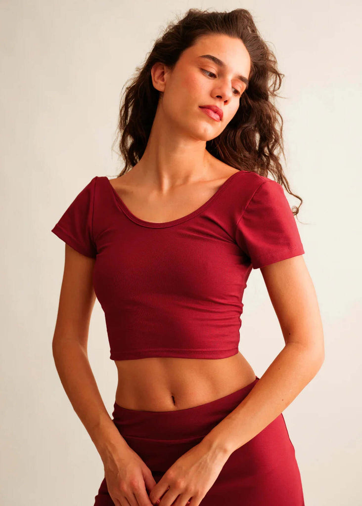 Ballerina Crop Top — Red scoop neck crop top on model — MYFASHIONFRUIT