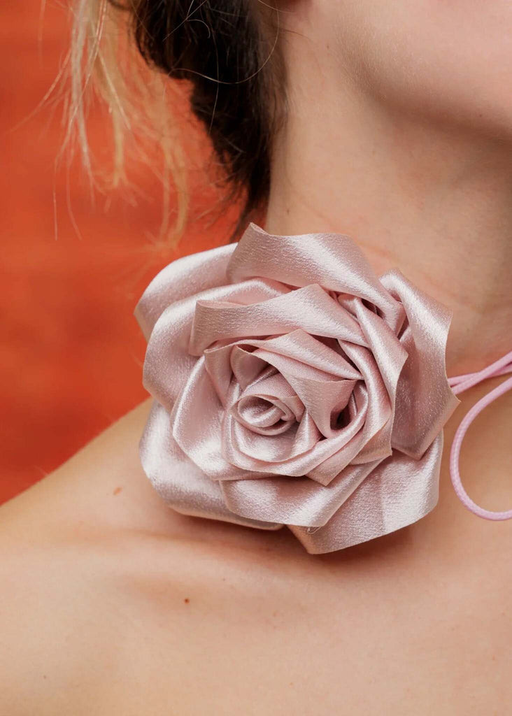 Bella Rose Necklace — Pink satin rose detail on model — MYFASHIONFRUIT
