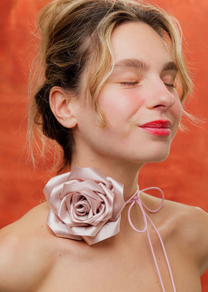 Bella Rose Necklace — Pink satin rose on model — MYFASHIONFRUIT