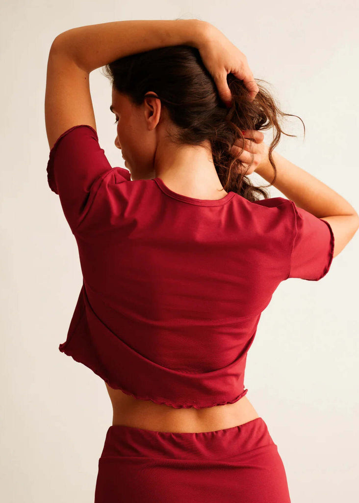 Rachel Baby Tee — Back view of red top on model — MYFASHIONFRUIT