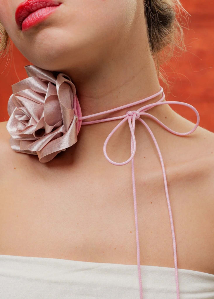 Bella Rose Necklace — Pink rose choker on model, detail — MYFASHIONFRUIT