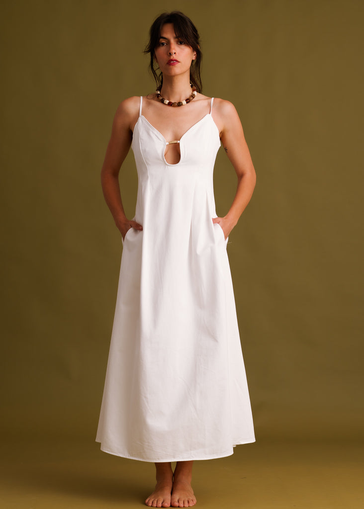 Erin Dress — white dress on model, cutout detail — MYFASHIONFRUIT