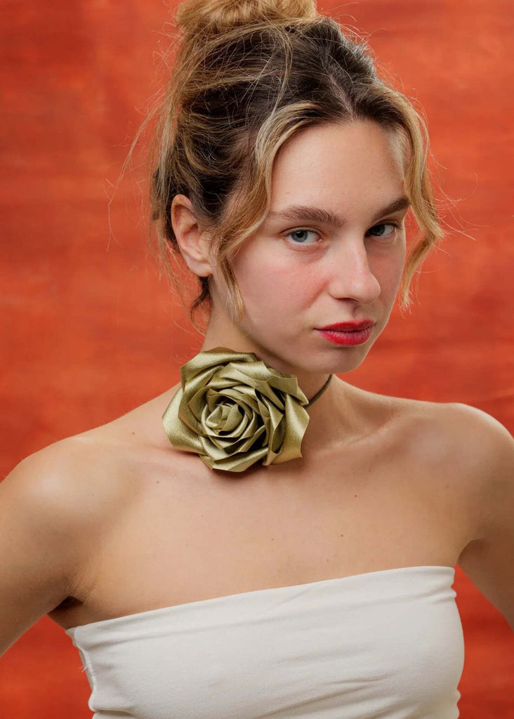 Bella Rose Necklace — gold rose choker on model — MYFASHIONFRUIT