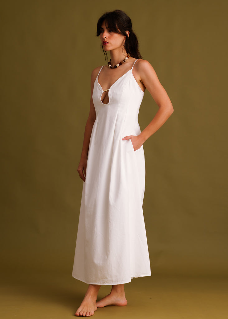 Erin Dress — White cutout maxi dress on model — MYFASHIONFRUIT