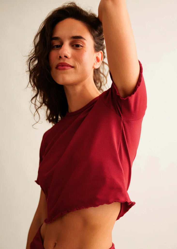 Rachel Baby Tee — Red, crop, lettuce hem on model — MYFASHIONFRUIT