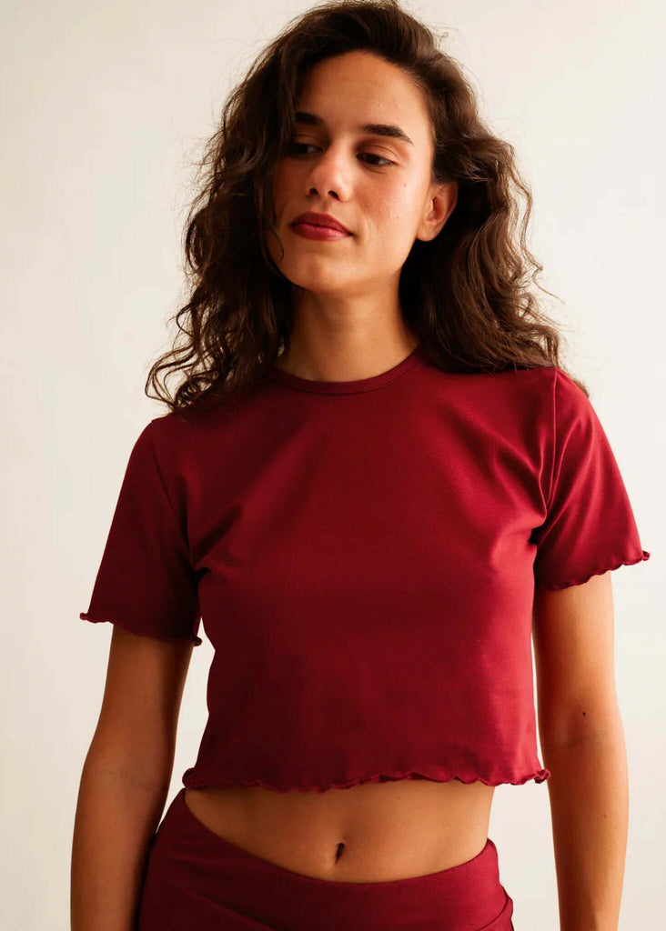 Rachel Baby Tee — On model, wine red crop top — MYFASHIONFRUIT