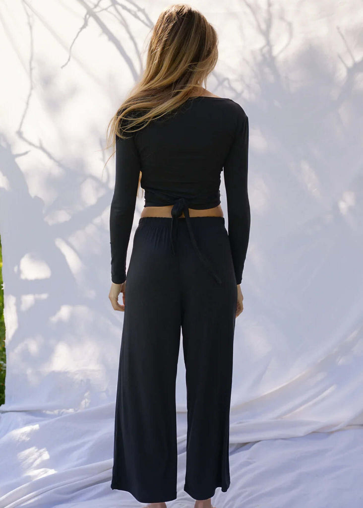 Lullaby Cardi — Black top & pants set on model, back view — MYFASHIONFRUIT