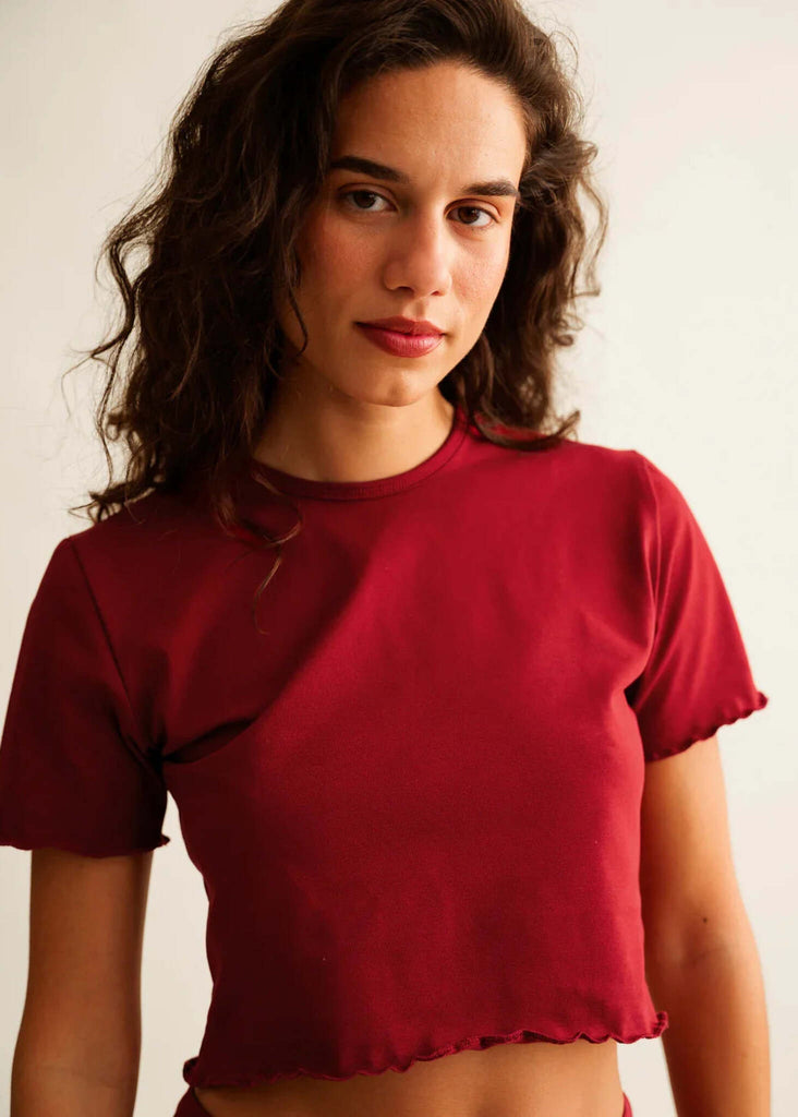 Rachel Baby Tee — red top on model — MYFASHIONFRUIT