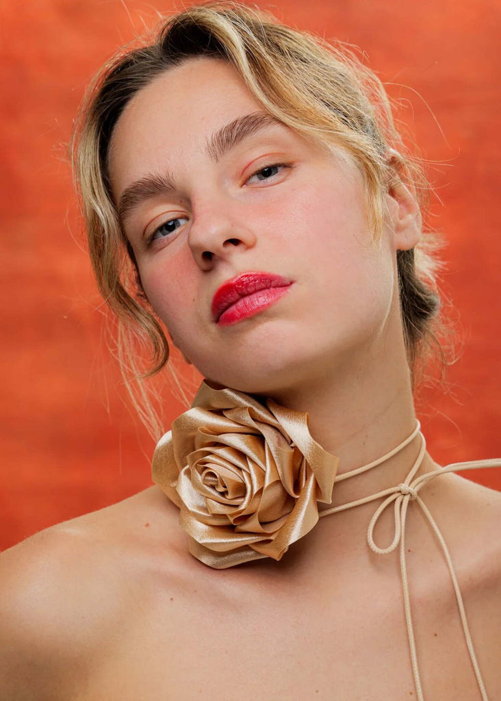 Bella Rose Necklace — Gold rose choker on model — MYFASHIONFRUIT