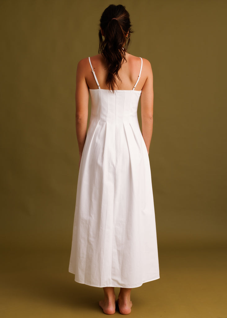 Erin Dress — White cotton midi dress on model, back view — MYFASHIONFRUIT