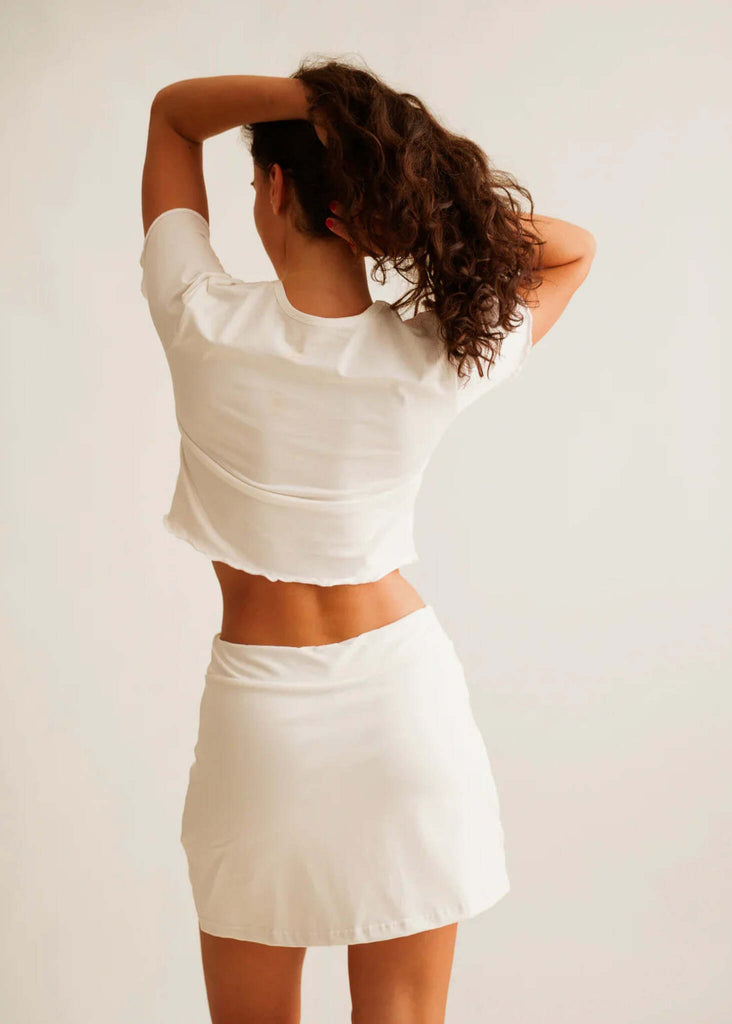 Madison Skirt — White skirt on model, rear view — MYFASHIONFRUIT