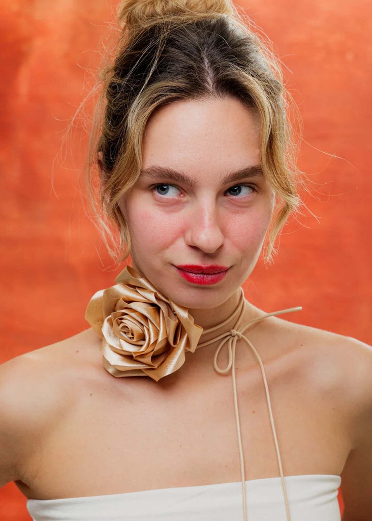 Bella Rose Necklace — Gold rose choker on model — MYFASHIONFRUIT