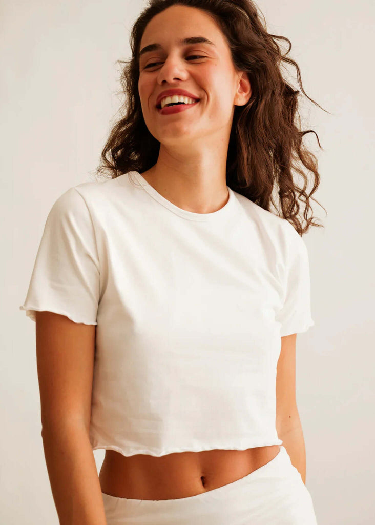 Rachel Baby Tee — White crop top on model — MYFASHIONFRUIT