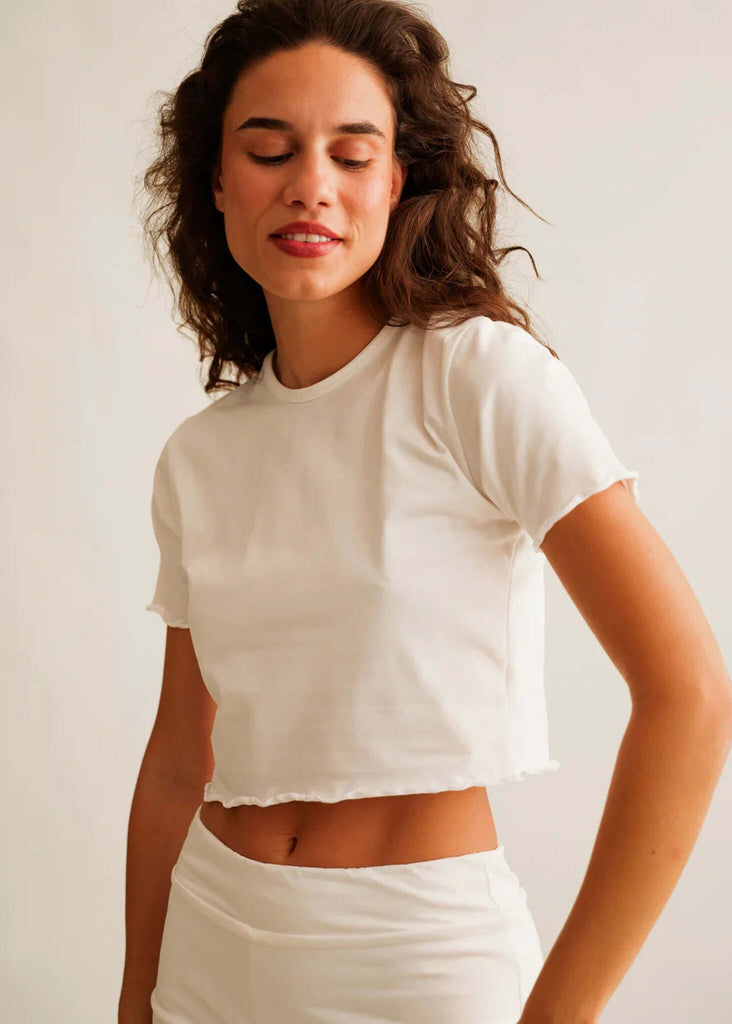 Rachel Baby Tee — white crop top on model — MYFASHIONFRUIT