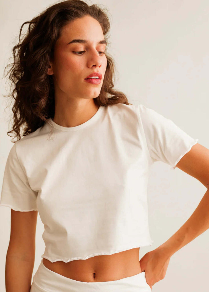 Rachel Baby Tee — White crop top on model — MYFASHIONFRUIT