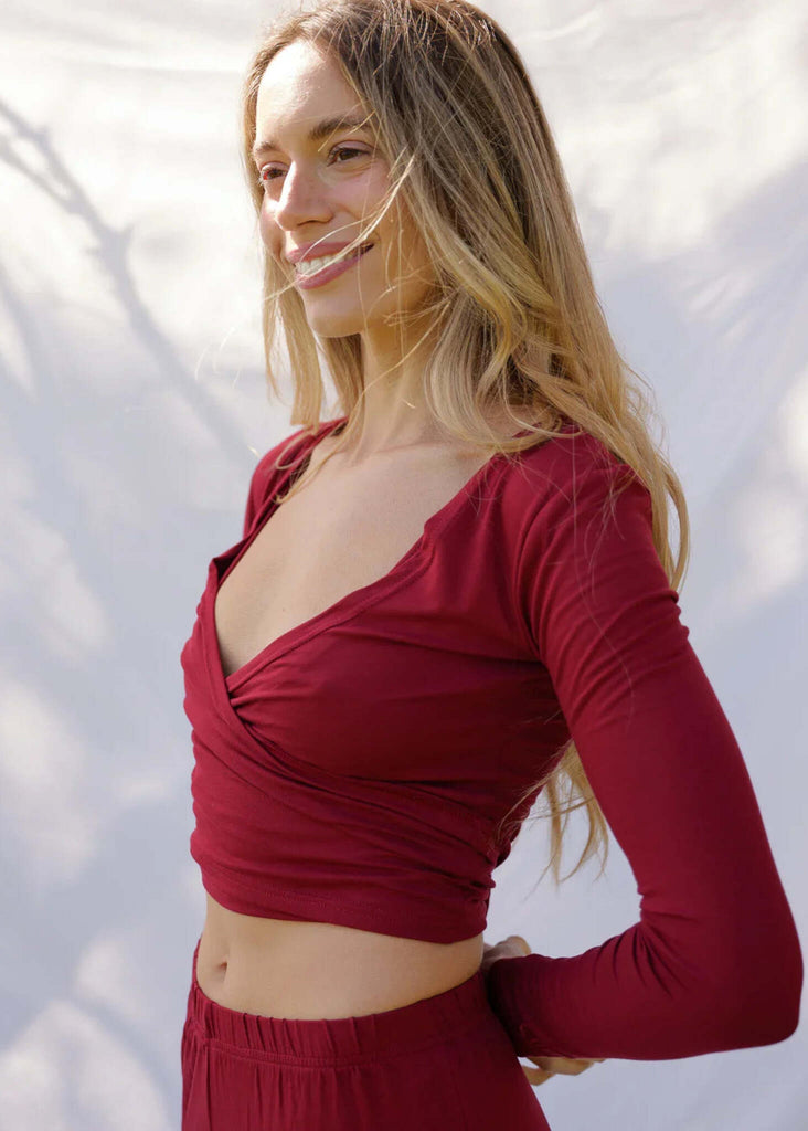Lullaby Cardi — Red wrap top on model — MYFASHIONFRUIT