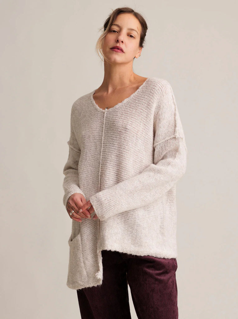 Lise Sweater — Beige knit sweater with pocket on model — MYFASHIONFRUIT