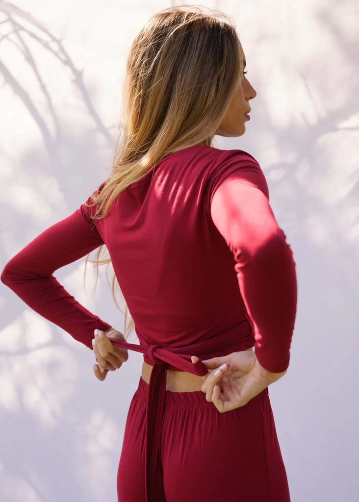 Lullaby Cardi — Red top tied at waist on model — MYFASHIONFRUIT