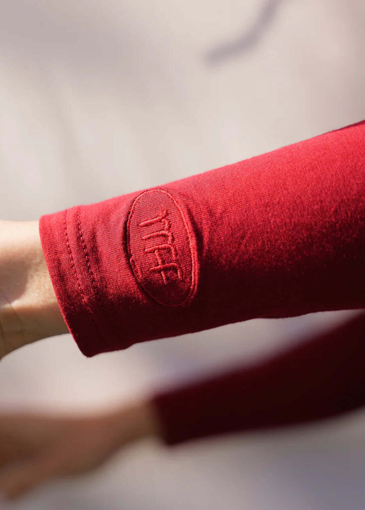 Lullaby Cardi — Red sleeve, MFF logo detail — MYFASHIONFRUIT