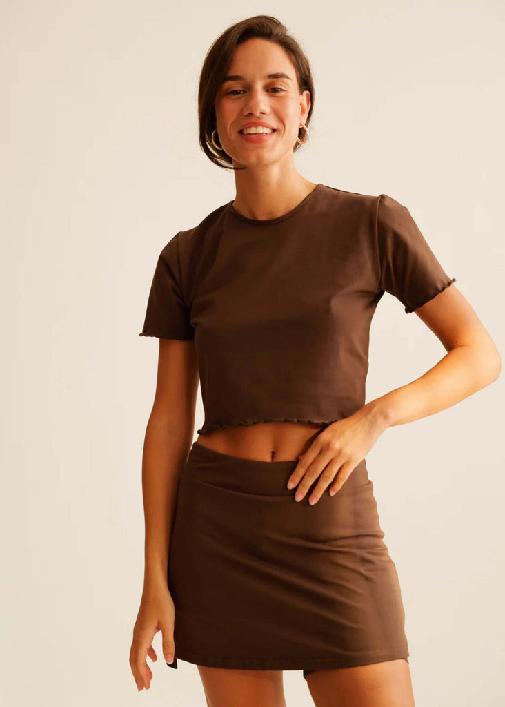 Rachel Baby Tee — Brown tee & skirt set on model — MYFASHIONFRUIT