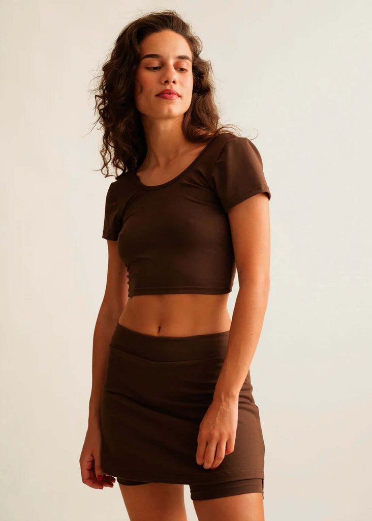 Madison Skirt — Brown skirt with shorts underneath, on model — MYFASHIONFRUIT