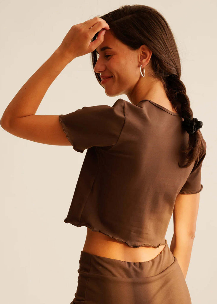 Rachel Baby Tee — Brown tee with raw hem on model — MYFASHIONFRUIT