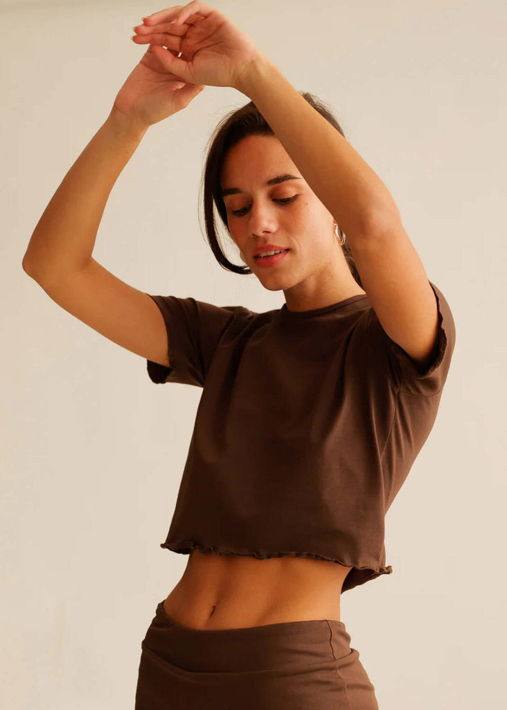 Rachel Baby Tee — Brown tee on model — MYFASHIONFRUIT