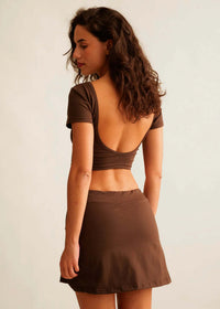 Madison Skirt — Brown skirt on model, back view — MYFASHIONFRUIT
