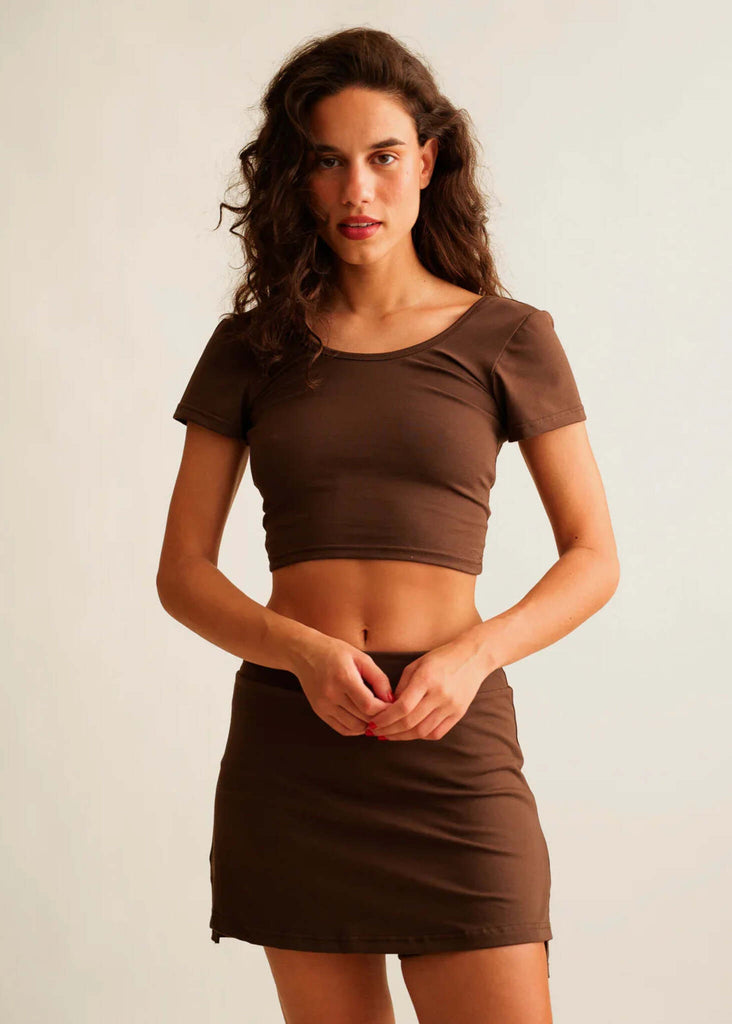 Madison Skirt — Brown mini skirt on model — MYFASHIONFRUIT