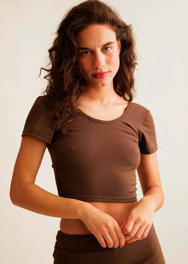 Ballerina Crop Top — Brown short-sleeve on model — MYFASHIONFRUIT