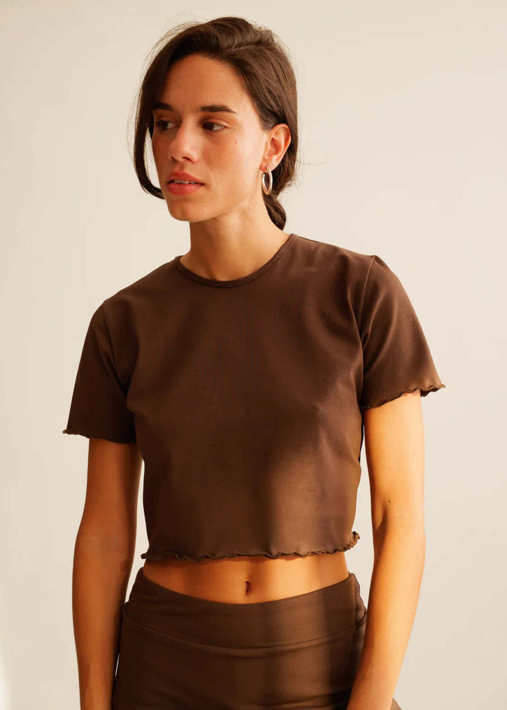 Rachel Baby Tee — Brown, lettuce hem on model — MYFASHIONFRUIT