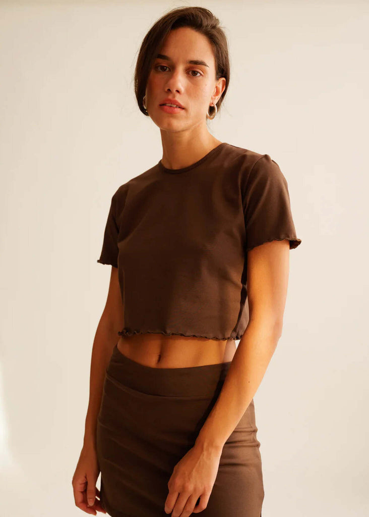 Rachel Baby Tee — Brown crop top on model — MYFASHIONFRUIT