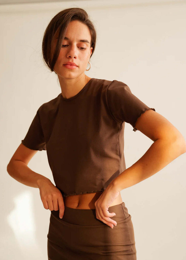 Rachel Baby Tee — Brown tee on model — MYFASHIONFRUIT