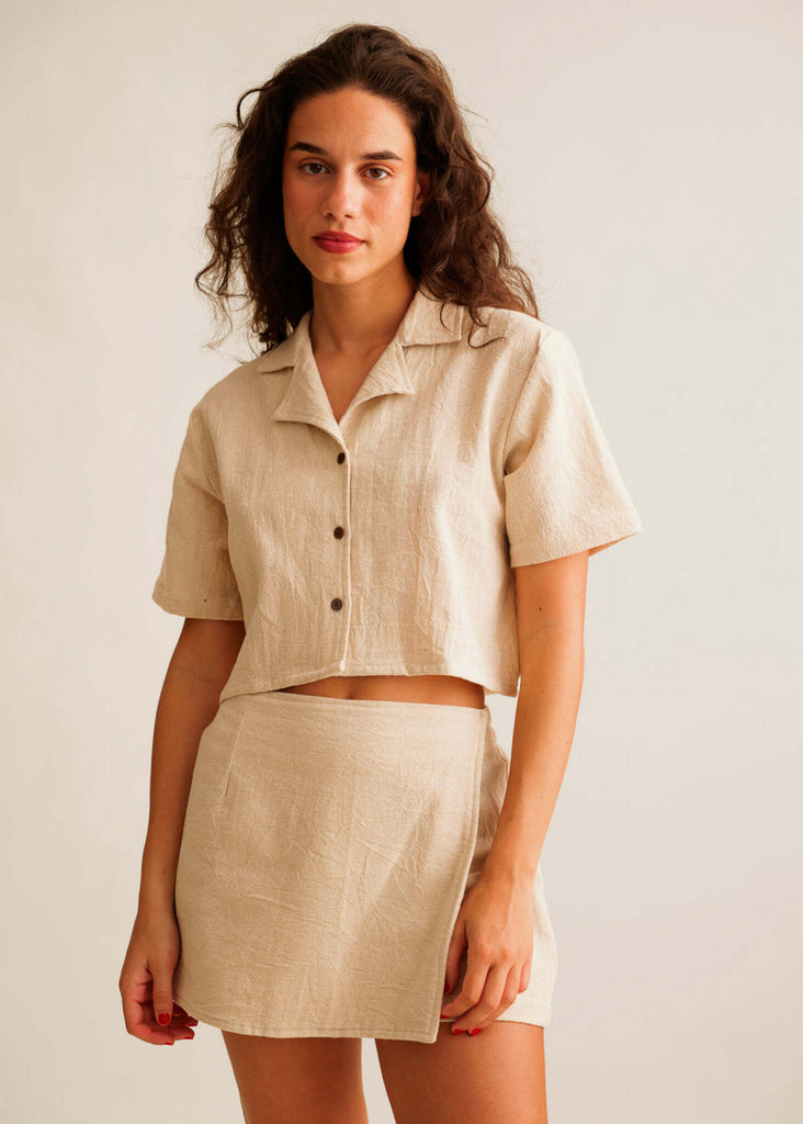 Ivey Skort — Beige linen skort & top set on model — MYFASHIONFRUIT
